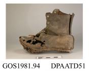 Boots, pair, child's, ankle boot, front laced with nine pairs of eyelets over full length tongue which is now detached, unlined, rounded toe, curved side seams, straight rear seam, most of the seam stitching is now missing, heel almost entirely worn awa