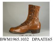 Boots, pair, child's, ankle boots, brown leather, side buttoned with eight domed brown boot buttons and a scallop edged closure, galosh with toecap and finely punched detail to seam, rounded toe, straight rear seam half covered with tapered strip of lea