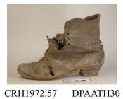 Boots, non matching pair, women's, ankle boots, leather, front laced with sixteen eyelets, shaped top edge, low stacked leather heel, leather sole, extensively damaged and repaired, very worn, found in thatch of bootmakers cottage, Burley, approximate l