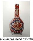 Bottle vase, toy or miniature, hard paste porcelain, with long neck, decorated with two cartouches and iron red and blue abstract floral design; not marked, probably made in Jingdezhen, Jiangxi Province, China, c1925-1950