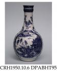 Bottle vase, hard paste porcelain, decorated with an underglaze blue painted framed estuary scene  x 2 and sprigs; base marked with letter M prior to final firing, made in Jingdezhen, Jiangxi Province, China, c1775-1790
this Chinese landscape design was