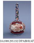 Bottle vase, hard paste porcelain, globular with long neck, decorated with shaped panels, rocks and flowers in underglaze blue and coloured enamels; not marked, probably made in Jingdezhen, Jiangxi Province, China, c1900