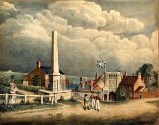 Coloured lithograph. 'The Plague Monument & the Westgate'. 1770 (circa).