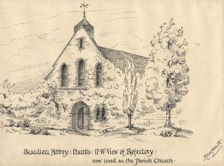 Drawing, pen, NW view of the Refectory, Beaulieu Abbey, Beaulieu, New Forest, Hampshire, by Hampden W Pratt, 28 August 1873.