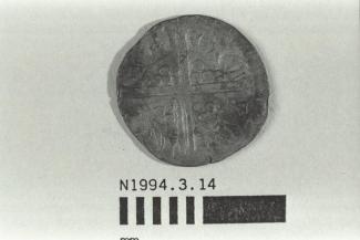 Coin, penny, part of a hoard found at White Lane, Greywell, Mapledurwell and Up Nately, Hampshire in 1989, issued by Henry III, minted by moneyer Robert at Canterbury, Kent, 1251-1272