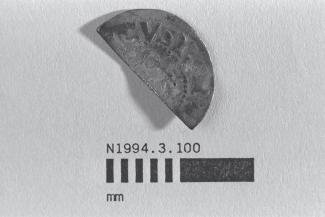 Half a coin, halfpenny, part of a hoard found at White Lane, Greywell, Mapledurwell and Up Nately, Hampshire in 1989, issued by Henry III, minted by the moneyer Nicole, 1251-1272