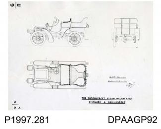 Photograph, black and white, showing a Thornycroft engineering drawing for a 10 HP Tonneau car, Worting Road, Basingstoke, Hampshire