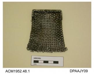 Purse, steel mesh, square steel frame, unlined, no handle, approximate depth excluding fringe 100mm, approximate width 65mm, c1860-1880s