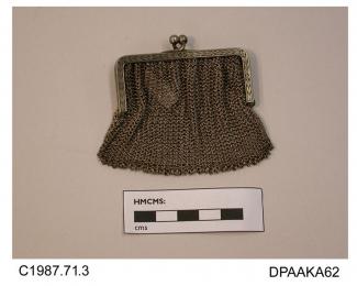 Purse, tiny, steel mesh on square engraved steel frame with twist knob closure, unlined, approximate width 75mm, approximate depth 60mm, c1890-1900