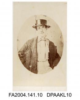 Photograph, copy of a daguerrotype, Sir Roger Charles Doughty Tichborne shown seated and wearing a lacquered straw sailor's hat, taken by Thomas Helsby in Santiago, January - February 1854. Copy taken by William Savage of Winchestervol 1, page 3