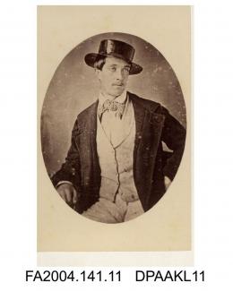Photograph, copy of a daguerrotype, Sir Roger Charles Doughty Tichborne shown seated and wearing a lacquered straw sailor's hat, taken by Thomas Helsby in Santiago, January-February 1854. Copy taken by William Savage of Winchester.vol 1, page 3