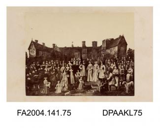 Photograph of a painting, 'The Tichborne Dole', showing the Tichborne family distributing the 'Dole' or bread in front of the old Tichborne house, surrounded by priests, servants, recipients and dogs, photograph taken by William Savage of Winchestervol