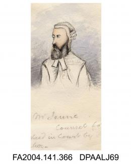 Sketch in pencil, ink and watercolour, Francis Jeune, by Agnes Costekervol 1, page 44 - Judge, Counsel and Solicitors engaged for the Claimant at the Trial in the Common Pleas