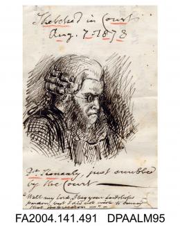 Sketch, pen and ink, Dr Edward Vaughan Kenealy QC, in legal dress, head and shoulders, sketched in the Court of Queen's Bench during R v Castro, possibly by G J W Reading, 7 August 1873vol 1, page 59
