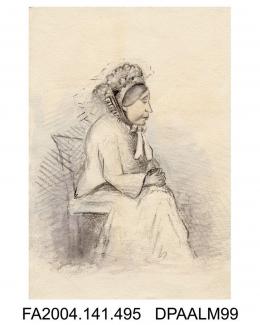 Sketch, pencil, ink and watercolour, Mrs Margaret Jury, seated, sketched in the Westminster Sessions Court, by Agnes Costeker, 1871-2vol 1, page 60 - Sketches in Court by Agnes Costeker