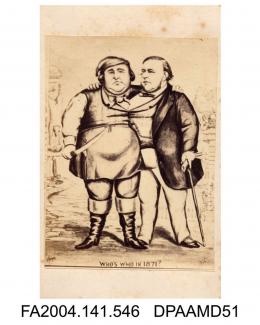Photograph of a cartoon, double portrait of the Claimant as siamese twins joined at the shoulder, one dressed as a pirate, one dressed as a country gentleman, c1871vol 1, page 66
