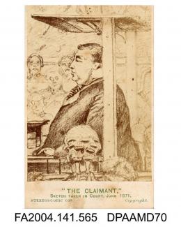 Photograph of a sketch, the Claimant, in court during Tichborne v Lushington, June 1871, photograph taken by The London Stereoscopic and Photographic Companyvol 1, page 67
