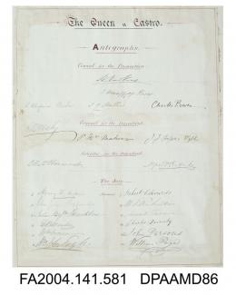 Vol 1, page of autographs by the Counsels, Solicitors and Jury for Regina v Castro