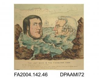 Print, cartoon sketch, pen and watercolour, the sea at Brighton with the beach behind, the heads of the Claimant and Sir John Coleridge dripping with water and with surprised expressions can be pushed above the water, published by F Arnold of 86 Fleet S