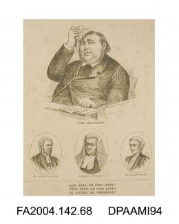 Cartoon sketch, print, the Claimant in the dock mopping his brow, three ovals below containing head and shoulder sketches of Mr Serjeant Ballantine, Lord Chief Justice Bovill and the Solicitor-General, Sir John Coleridgevol 2, page 71