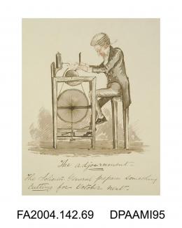 Cartoon sketch, ink and watercolour, the Solicitor-General, Sir John Coleridge, in legal dress, sharpening an object, possibly a cut-throat rasor, on a grind-stone, circa 1871vol 2, page 73