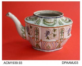 Teapot, earthenware, lid and handle missing, commode shape with relief-moulded decoration painted in Pratt colours under a blue-toned glaze, not marked, unidentified maker, c1790