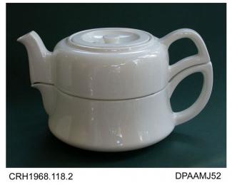 Teapot, pair of teapots, made to fit one on top of the other, white earthenware, undecorated, rubber stamped and moulded marks on bases of both components, "HEATMASTER / DUB-L-DEKR / PAT NO. / 538737 / MADE IN ENGLAND", made by Ellgreave Pottery Co, Bur