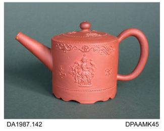 Teapot, red stoneware, drum shape with ogee cut-out base-rim, decorated with applied sprigs including various scrolls and a female chinoiserie figure holding a parrot, pseudo-Chinese seal mark on base, attributed to William Greatbatch, Fenton, Stoke-on-