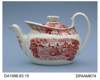 Teapot, white earthenware, oval shape with parapet, decorated with overglaze red transfer prints of maritime and rural scenes and Wedgwood's Blue Rose border, impressed WEDGWOOD and indistinct ?first cycle date code on base, made by Wedgwood, Etruria, S