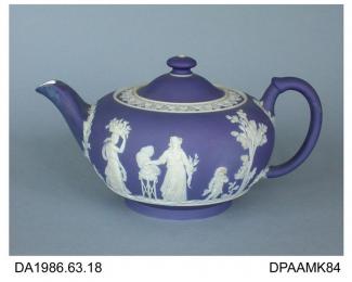 Teapot, jasper ware, dark blue, low round shape, decorated with classical figures bringing offerings to a flaming altar, impressed WEDGWOOD on base, made by Wedgwood, Etruria, Stoke-on-Trent, Staffordshire, about 1880-90