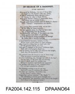 Poem, a satirical account of the Claimant's lawyer, Francis Jeune, and his search for Arthur Orton or survivors from the 'Bella' in Australia, printed in the Melbourne Punch, post July 1871vol 2, page 116