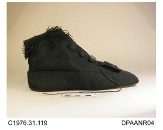 Boots, pair, women's, over-boots, black spot weave silk, lined with mauve silk, top edge trimmed with black cotton fringe, self covered buttons on both sides of front opening to secure laces, square toe trimmed black ribbed silk ribbon bow, flat leather