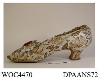 Shoes, pair, women's, court shoe, floral silk brocade in shades of olive, ochre and wine, lined white kid, edges bound matching brocade, rounded toe, vamp trimmed matching bow with wine ribbon centre, leather sole, curved and waisted Louis heel, label i