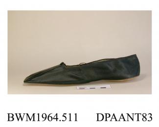 Shoes, pair, women's, black satin, broad square toe, lined white kid, narrow black elastic to secure around ankle, flat leather sole, approximate length 138mm, approximate width of sole 55mm, c1835-1850