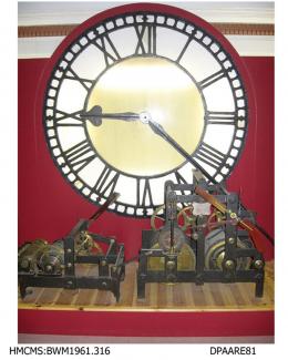 Turret clock, and one dial from Basingstoke town hall, Hampshiire, made by John Atkins, Lichfield, Staffordshire 1760, modernised together with the addition of a five bell chiming movement by J W Benson, Ludgate Hill, London 1887installed in the town h