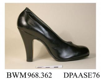 Shoes, pair, women's, black leather court shoes, blunt rounded toe, very high straight Louis heel, insole printed Delman, black synthetic sole, approximate length overall 195mm, approximate heel height 100mm, approximate width of sole 75mm, c1940-1955