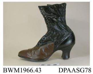 Boot, one only, women's, black leather, front laced with seventeen pairs of eyelets over tongue, straight cut top, pointed toe, high curved stacked heel, heel top piece missing, lined white cotton, front portion of galosh painted brown, approximate leng
