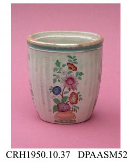 Conserve jar, lid missing, stoneware, vertically fluted sides tapering to concave base, decorated with two grey transfer-printed and enamelled floral and chinoiserie designs, each repeated on the opposite side, turquoise border below rim decorated with 