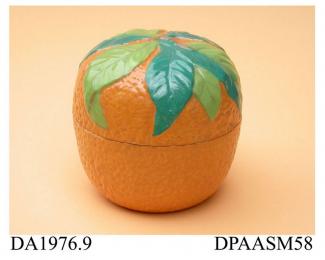 Marmalade jar, with lid, stoneware, in the form of an orange; base, moulded registered design mark with encoded date of 15th November 1878, made by F and R Pratt and Co, Fenton, Stoke-on-Trent, Staffordshire, 1878+