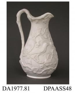 Jug, Parian porcelain, decorated in relief with one exotic and one more mundane bird perching amongst fruiting ivy; base, impressed pattern number 376 and moulded registered design mark with encoded date of 17th November 1849, made by Minton, Stoke-on-T