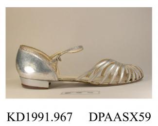 Shoes, pair, women's, evening sandals, vamp made out of narrow silver leather straps, rounded open toe, solid heel piece with narrow strap around ankle, scalloped edge to insole and silver at toe, label inside heel piece Barratts, Northampton, low heel,