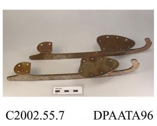 Skate blades, pair, steel blades stamped Godfrin, Brevette, Bruxelles, approximate length 3000mm, c1900-1940