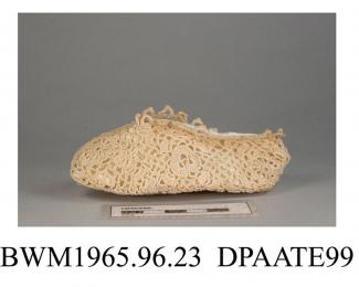 Shoe, one only, child's, cream silk crochet, lined cream satin, flat cream cotton sole, approximate length overall 105mm, approximate width of sole 45mm, c1905