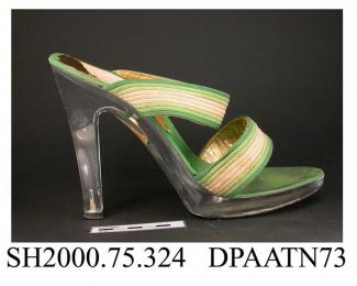 Shoes, sandals, pair, women's, moulded transparent acrylic, high straight heel, platform sole with black synthetic outer sole stamped Made in Italy, open oval toe, bands of shaded green and cream cord over instep and forefoot, green fabric insole with g