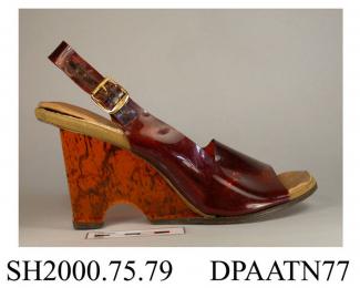 Shoes, pair, women's, semi transparent imitation tortoishell PVC, sling-back with gilt buckle closure, open square toe, fawn plastic insole printed Jack Rogers, USA, high wedge heel of speckled amber acrylic, brown synthetic sole and heel top piece, lef