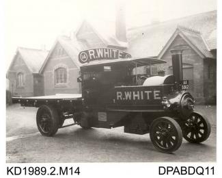 Photograph, black and white, showing a steam wagon for R White, built by Tasker and Co, Waterloo Foundry, Anna Valley, Abbotts Ann, Hampshire