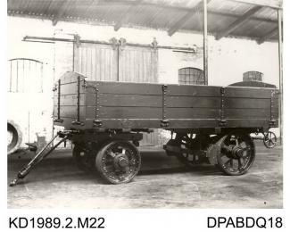 Photograph, black and white, showing a 4 wheel trailer for Fowler, built by Tasker and Co, Waterloo Foundry, Anna Valley, Abbotts Ann, Hampshire