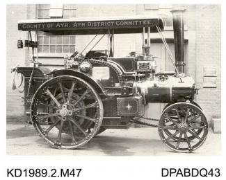 Photograph, black and white, showing a chain driven traction engine, named Little Giant, for County of Ayr District Committee, Strathclyde,built by Tasker and Co, Waterloo Foundry, Anna Valley, Abbotts Ann, Hampshire