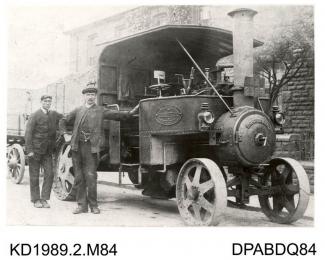 Photograph, black and white, showing a side fire steam wagon, Willis action picture, built by Tasker and Co, Waterloo Foundry, Anna Valley, Abbotts Ann, Hampshire