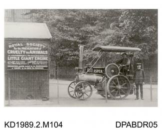 Photograph, black and white, showing a traction engine, named Horses Friend, at Crystal Palace, London, for the RSPCA, built by Tasker and Co, Waterloo Foundry, Anna Valley, Abbotts Ann, Hampshire, 1903